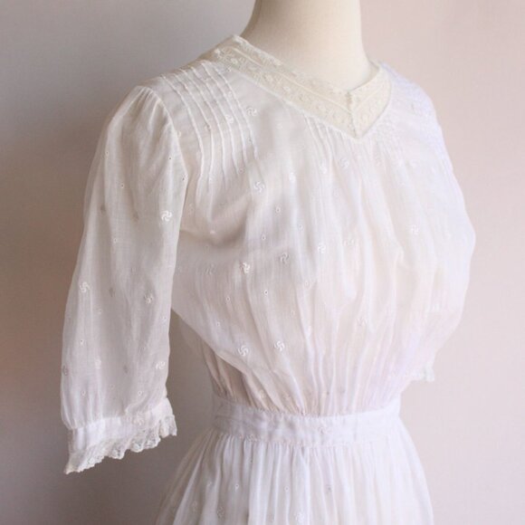 Vintage Antique 1900s 1910s Dress, Edwardian White Cotton And Lace Embroidered - Picture 3 of 10